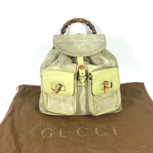 GUCCI Bamboo Backpack vintage bag Backpack suede Green - Picture 3 of 14